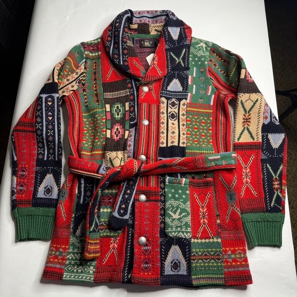 NWT RRL Ralph Lauren Patchwork Blanket Holiday Wrap Wool Cardigan Red Medium - Picture 1 of 10